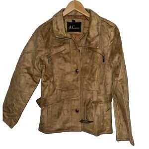 AC Collection Vintage Tan Moto Jacket Belted Boho Rustic Fall Size L Suede Belt